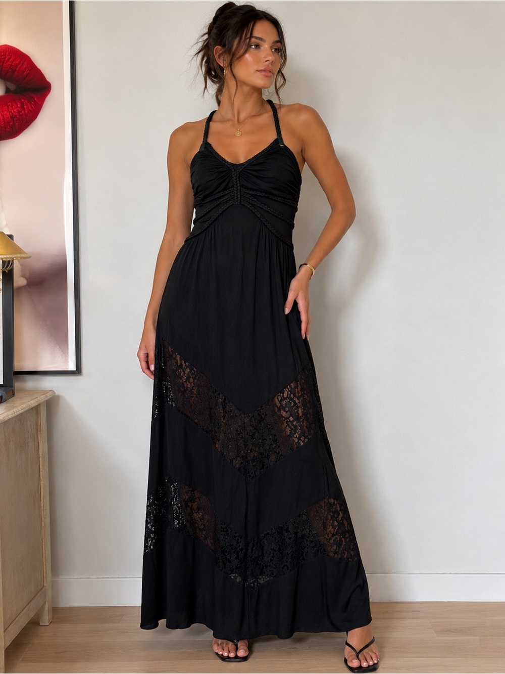 LA Class Black Lace Panel Maxi Dress Size S Braided Ruched Boho Y2K